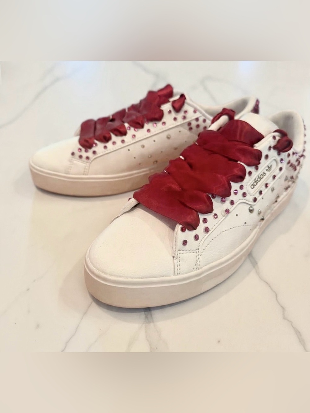 Custom Adidas Women's White Advantage Fuchsia and Crystal Rhinestone Sneaker 9.5